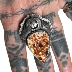 Sterling Silver artisan Pumpkin Ring with Brown peach druzy Gemstone 9